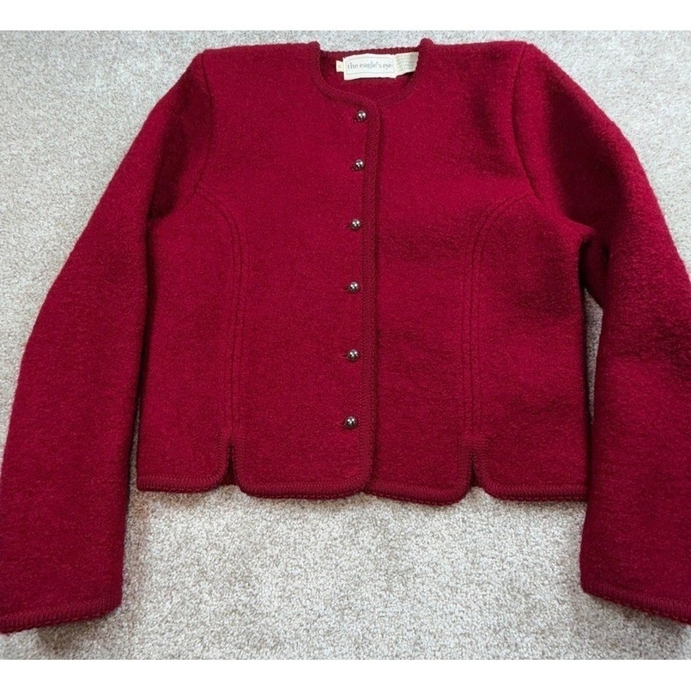The Eagle's Eye Vintage Boiled Wool Scalloped Hem Cardigan Sz 8 Silver Button
